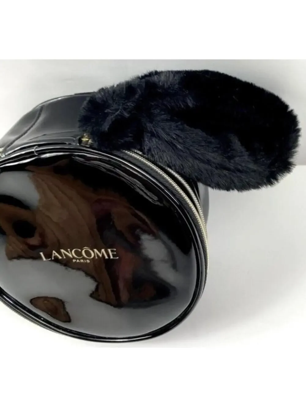 Lancome Paris Makeup Bag Black Circular Makeup Travel Carrier Case Fur Wristlet